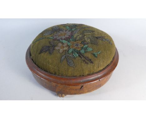 A Victorian Circular Bead Work Footstool on Three Ceramic Feet, 29cm Wide