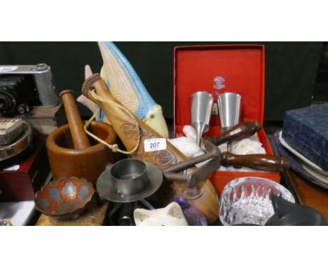 A Tray of Sundries to Include Cased Pewter Goblets, Wooden Pestle and Mortar, Carved Ceremonial Souvenir Club, Glassware, Tea