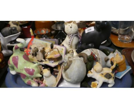 A Tray Containing Various Ceramic Cat Ornament 