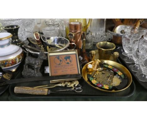 A Tray of Metalware to Include Copper Cylindrical Canister and Miniature Hunting Horn, Horse Brass, Metal Terrier Ornament, P