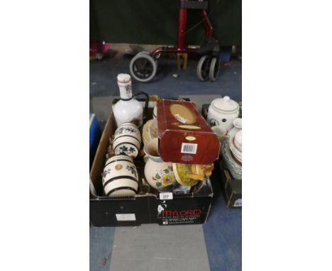 A Box Containing Porcelain Head Doll, Two Ceramic Spirit Decanters, Beer Container Etc 