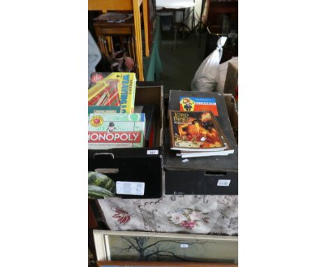 Two Boxes of Toys and Games to Include Monopoly, Scrabble, Lord of the Rings Strategy Battle Books and Figures, Spyring, Form