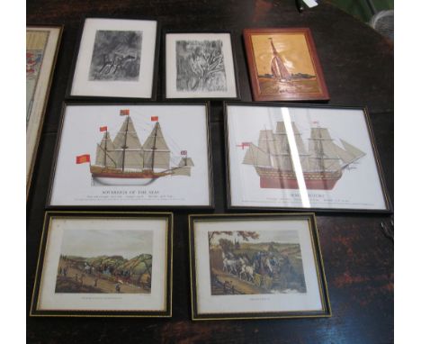 Two stage coach prints, two shipping prints and other pictures