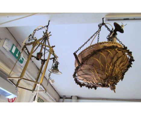 A lantern light fitting (no glass) and a gilt basket weave light with floral rim
