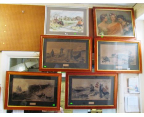 Four hunting prints, two Doyley John prints, and Edwardian print three ladies and a watercolour Bishopstone, Sussex