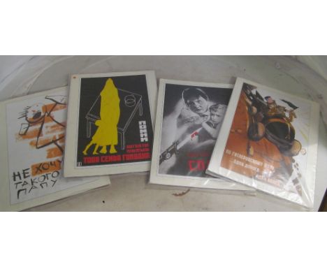 Four coloured 1940s Russian Propaganda Cartoons 33 x 25cm