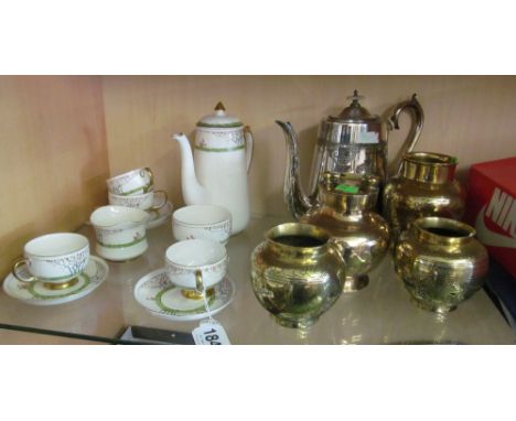 A Savoy china coffee set, a plated teapot and some brass