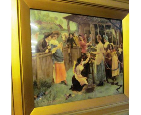 A pair of textured prints boys eating fruit and a crystolean Victorian group outside cottage (a/f)
