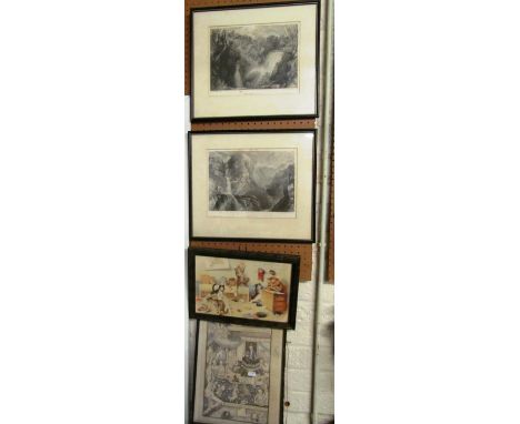 A Persian print, Louis Wain style print and two other prints