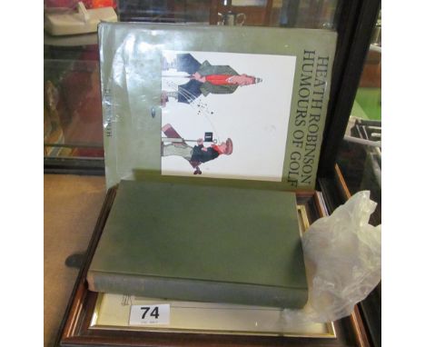 Two silver golf markers (i.c), vintage golf ball, book 'Truth about Golf Addicts' and a print of vintage golf balls
