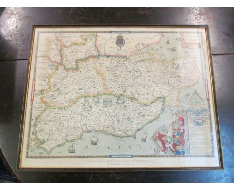 A coloured Saxtons map print of Kent, Sussex, Surrey and Middlesex of 1575 as in the British Museum