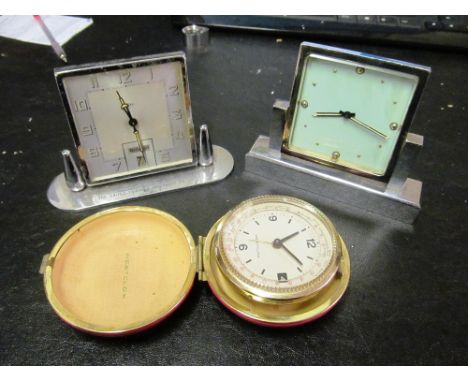 Two Art Deco chrome clocks and Westlock night watch, Smiths oak clock and two brass clocks