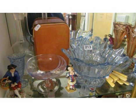 Various 19th Century and other figures, porcelain clock (s/a/f), glass ware, fish cutlery and a vanity case