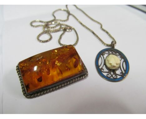 A silver and amber style brooch and silver and enamel pendant on chain