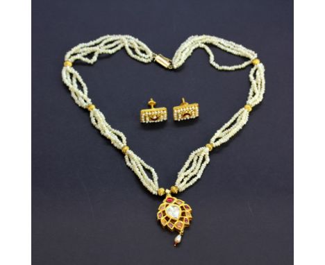 A yellow metal (tested 22ct gold) seed pearl and stone set necklace, with a similar pair of 22ct gold (tested) seed pearl and