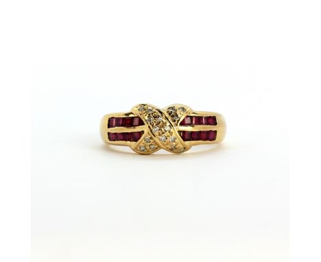 A yellow metal (tested minimum 9ct gold) ring set with square cut rubies and diamonds, (I).