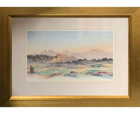 A group of framed prints.