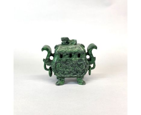 A Chinese carved soaptone censer with integral ring handles, W. 18cm, H. 15cm.