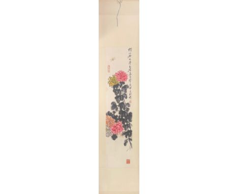 A scroll mounted Chinese ink and watercolour on paper depicting chrysanthemums and dragonfly, understood to be attributed to 