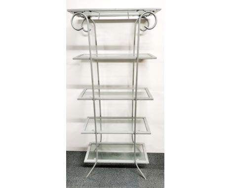 A modern five tier metal and glass display shelf, 142 x 60 x 30cm.