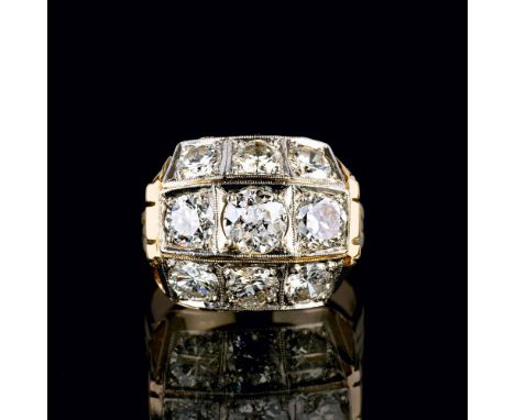 Vintage Diamant-Ring. 1930er. 14 kt. GG mit WG, gest. In Millegriffesfassungen 9 Diam. im Brillant-, Übergangs- und Altschlif