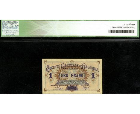 Belgium, NBBB-2b, P 86a, Société Générale de Belgique, 1 Franc, 29 January 1916. Portrait of Queen Louise-Marie at left on fr