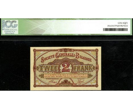 Belgium, NBBB-5, P 87, Société Générale de Belgique, 2 Francs, 20 November 1916. Portrait of Queen Louise-Marie at left on fr