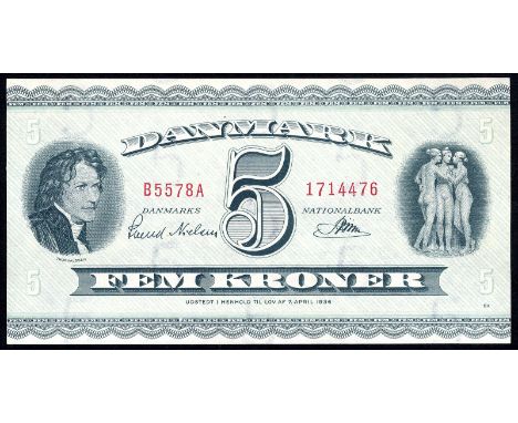 Denmark, P 42m, Linzmayer B912g, Sieg 129, Danmarks Nationalbank, 5 Kroner, (19)57. Portrait of sculptor, Bertel Thorvaldsen,