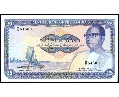 Gambia, P 7b, Linzmayer B204, Central Bank of the Gambia, 25 Dalasis, (1972-83). Sailboat on River Gambia at left, portrait o