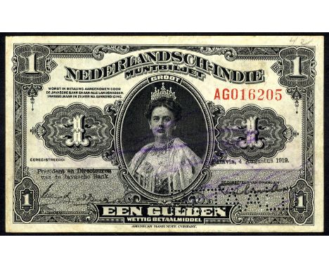 Netherlands Indies, P 100, Handjaja H0118b, UnO 216b, Nederlandsch-Indië, 1 Gulden, 4 Augustus 1919. Portrait of Queen Wilhel