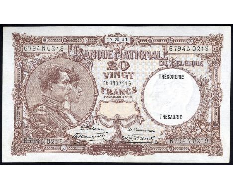 Belgium, NBBB-25b, P 98b, Banque Nationale de Belgique, 20 Francs, 17 August 1931. Portrait of King Albert and Queen Elisabet