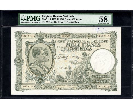 Belgium, NBBB-98b, P 110, Banque Nationale de Belgique, 1,000 Francs - 200 Belgas, 3 July 1943. Portrait of King Albert and Q
