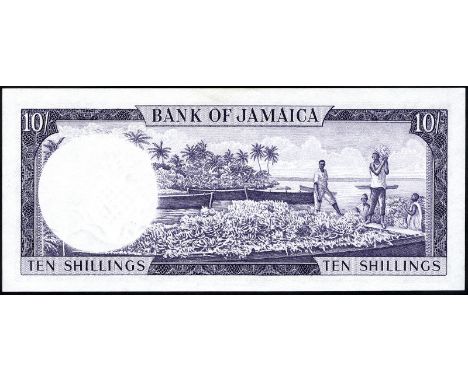 Jamaica, P 51Bb, Linzmayer B205b, Bank of Jamaica, 10 Shillings, L.1960 (1964). Portrait of Queen Elizabeth II at left, coat 