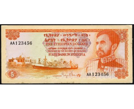 Ethiopia, P 19 design, State Bank of Ethiopia, 5 Dollars, UNADOPTED FRONT COMPOSITE DESIGN FOR P19. Buildings and ship at lef