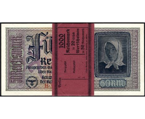 Germany, P R140, Rosenberg 555a, German Occupied Territories WWII, Reichskreditkassen. Lot containing a full pack of 20x 50 R