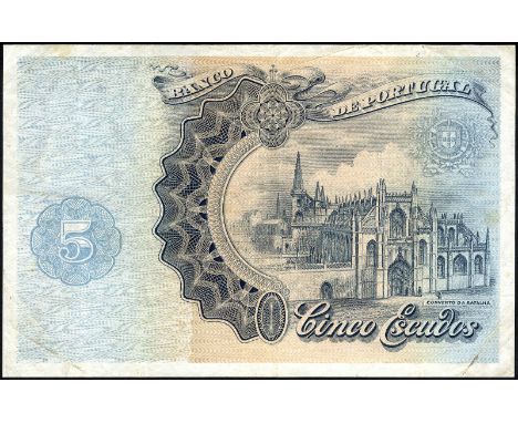 Portugal, P 120, Banco de Portugal, 5 Escudos, 10 July 1920. Portrait of J. das Regras at left. Chapa 2. Convent at right on 