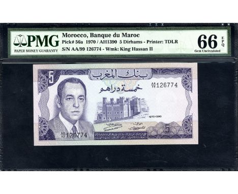 Morocco, P 56a, Linzmayer B404a, Banque du Maroc, 5 Dirhams, 1970. Portrait of King Hassan II at left, castle at center on fr