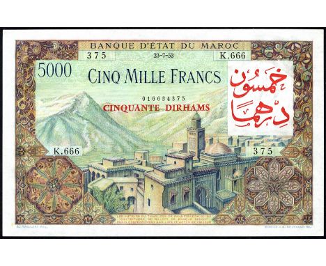 Morocco, P 51, Linzmayer B237a, Banque d'État du Maroc, 50 Dirhams on 5,000 Francs, (old date 23 July 1953). Middle Atlas mou