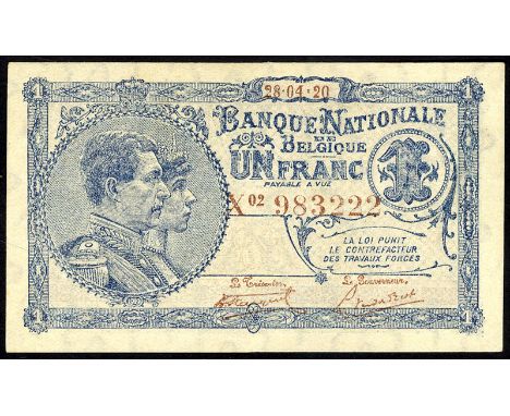 Belgium, NBBB-3, P 92, Banque Nationale de Belgique, 1 Francs, 28 April 1920. Portrait of King Albert and Queen Elisabeth at 
