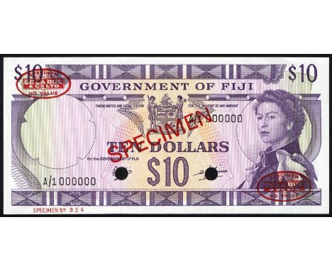 Fiji, P 62s, Government of Fiji, 10 Dollars, (1969), SPECIMEN. Coat of arms of Fiji at upper center, portrait of Queen Elizab