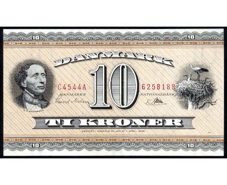 Denmark, P 44d, Linzmayer B914a , Sieg 132, Danmarks Nationalbank, 10 Kroner, (19)54. Portrait of poet Hans Christian Anderse