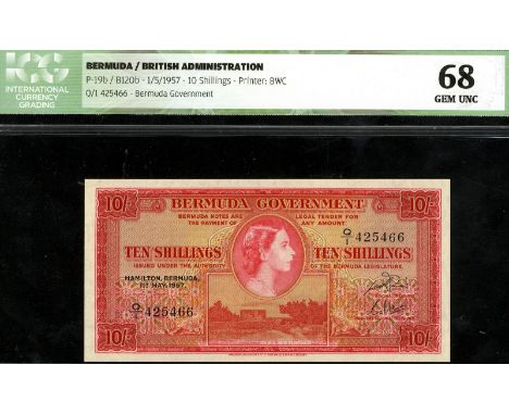 Bermuda, P 19b, Linzmayer B120b, Bermuda Government, 10 Shillings, 1 May 1956. Portrait of Queen Elizabeth II at upper center