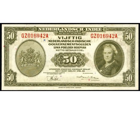 Netherlands Indies, P 116a, Handjaja H-172c, Uno 356c, Nederlandsch-Indië, 50 Gulden, 2 Maart 1943. Coat of arms of the Nethe