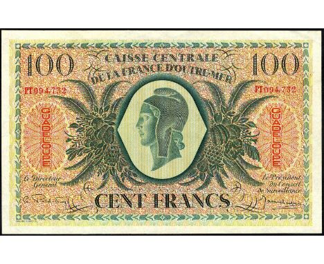 Guadeloupe, P 29, Caisse Centrale de la Francs d´Outre-Mer, 100 Francs, 2 February 1944. Portrait of Marianne at center on fr
