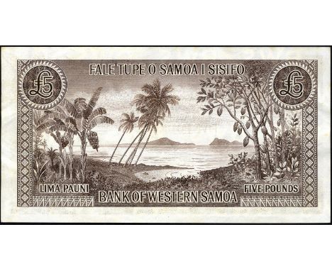 Western Samoa, P 15, Linzmayer B306a, Bank of Western Samoa, 5 Pounds, (1963). Machete at  far left, kava bow at left, flag a