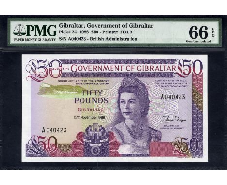Gibraltar, P 24, Linzmayer B122a, Government of Gibraltar, 50 Pounds, 27 November 1986. Portrait of Queen Elizabeth II at cen