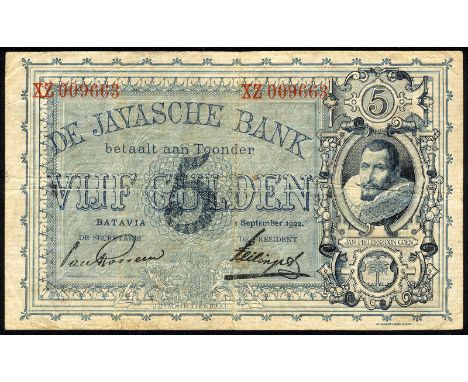 Netherlands Indies, P 61c, Handjaja H-117, UnO 215j. De Javasche Bank, 5 Gulden, 1 September 1922. Portrait of Jan Pieterszoo