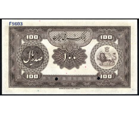 Iran, P 28s, Linzmayer B111as, Bank Melli Iran, 100 Rials, (1934), SPECIMEN. Persepolis columns at center, portrait of Reza S
