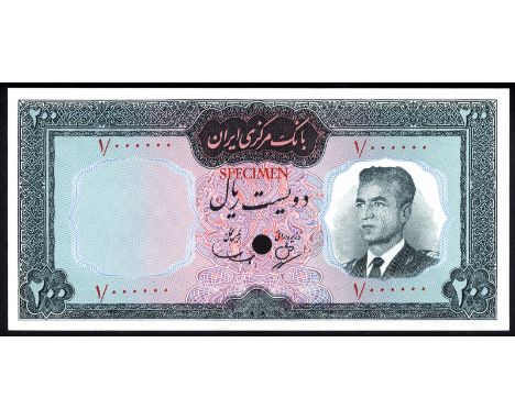 Iran, P 81ct, Linzmayer B211at, Bank Markazi Iran, 200 Rials, (1965), COLOR TRIAL. Gray/blue. Portrait of Mohammad Reza Shah 
