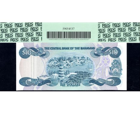Bahamas, P 46a, Linzmayer B311a, The Central Bank of the Bahamas, 10 Dollars, L.1974 (1984). Flamingos at left, portrait of Q